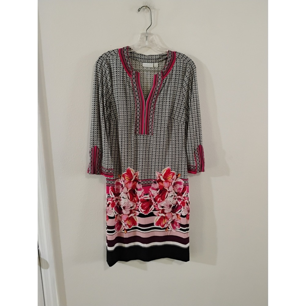 New York & Company Stretch Floral Geometric Split Neck Shift Dress Pink Black M